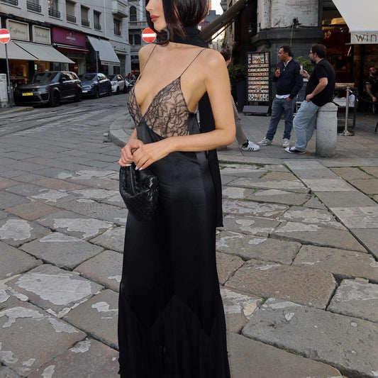 Satin Lace Bodice Deep V-Neck Evening Gown