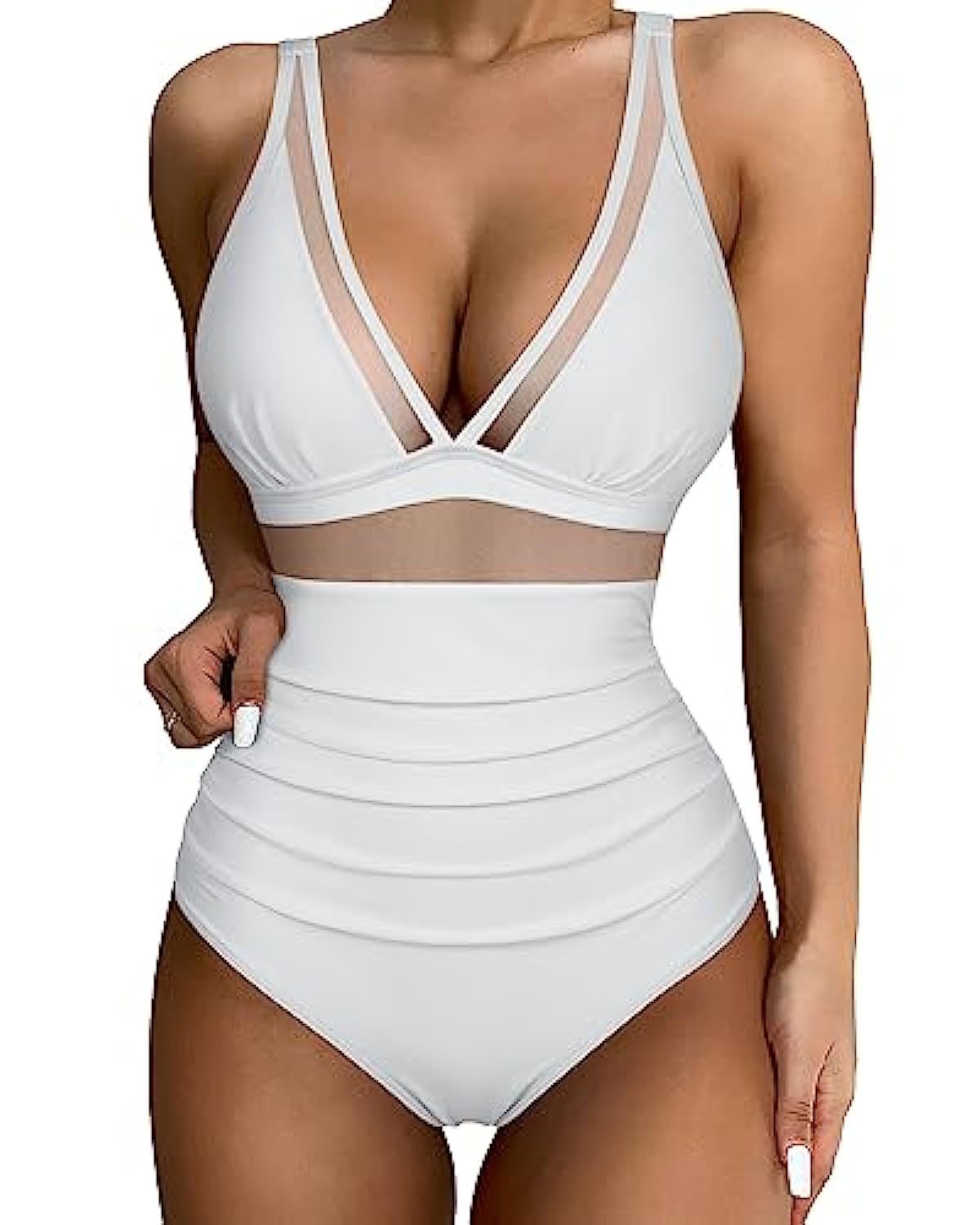 Women’s One-Piece Swimsuit – Contouring Fit – Mesh Panels – Deep V-Neck – Wide Straps