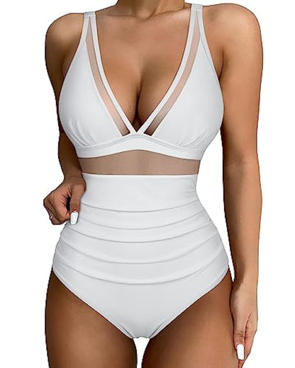 Women’s One-Piece Swimsuit – Contouring Fit – Mesh Panels – Deep V-Neck – Wide Straps