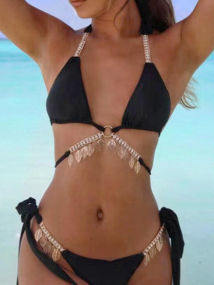Women's Bikini Set - Triangle Top - Chain Strap Detail - Low-Rise Tie Bottoms