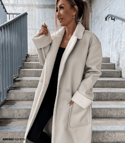 Women's casual leather thickened windbreaker trench coat with front pocket