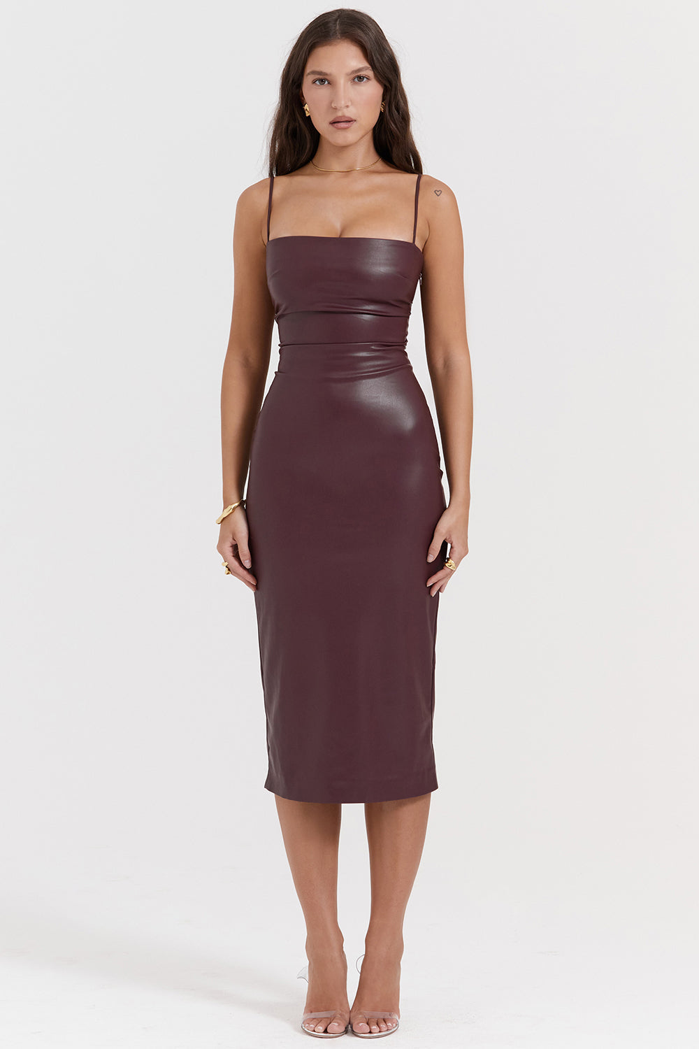Women’s Midi Dress – Slim Fit Leather – Strapless with Spaghetti Straps – Ruched