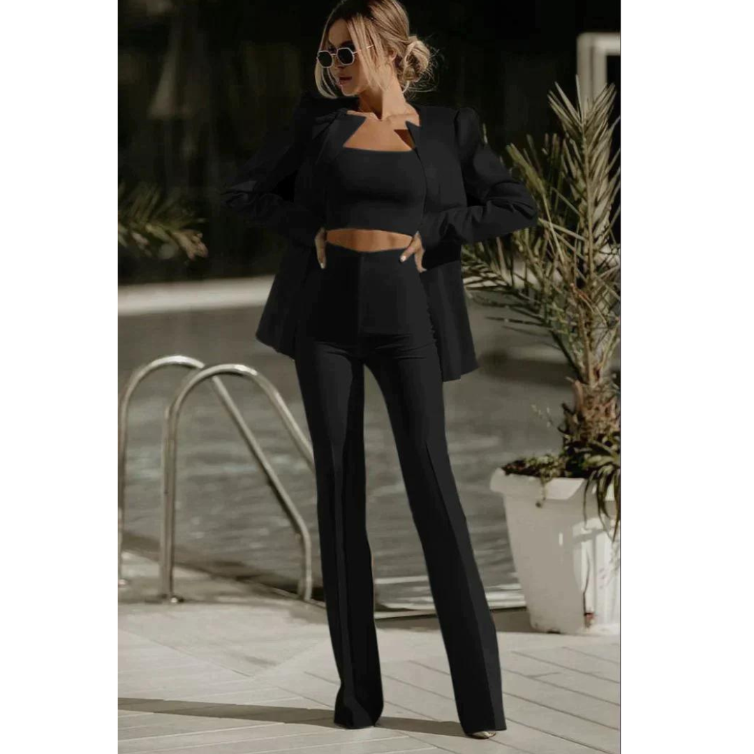 Women's lapel blazer short top and high waist pants three-piece set