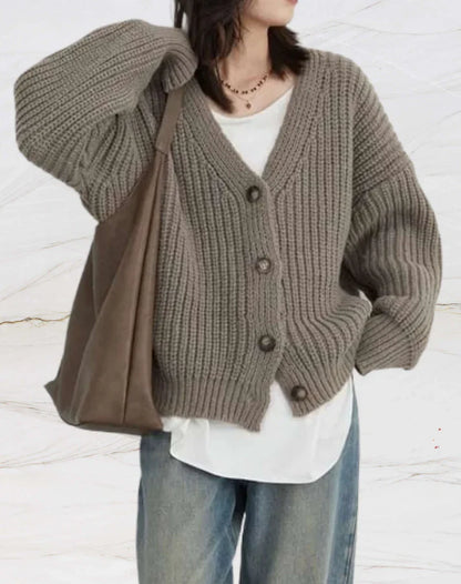 Women’s Knit Cardigan – Chunky Ribbed – Oversized Fit – Button Front – V-Neck