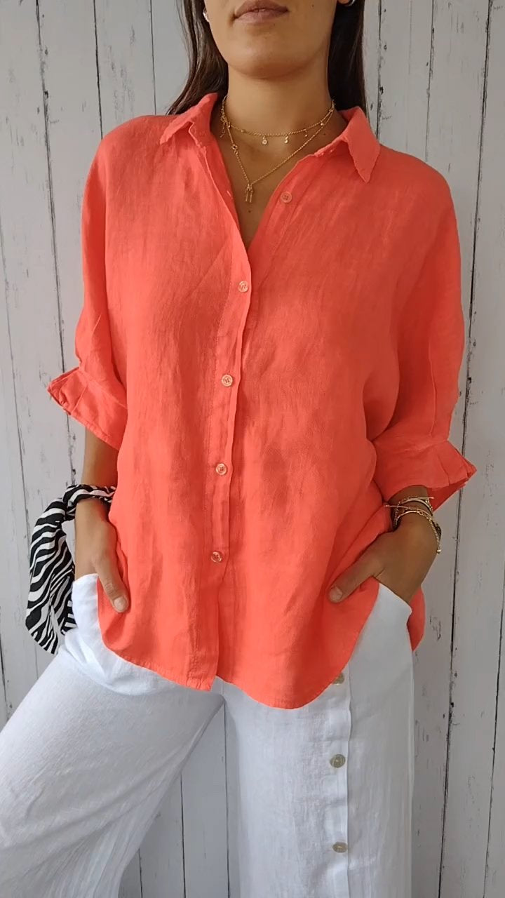 Women's Button-Up Shirt - Breathable Material Blend - Relaxed Fit - Classic Collar Casual Wear