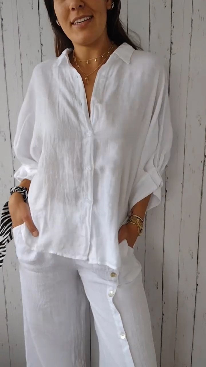 Women's Button-Up Shirt - Breathable Material Blend - Relaxed Fit - Classic Collar Casual Wear