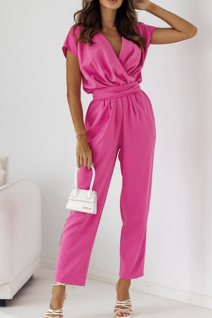 Women's Jumpsuit - Sleeveless Draped V-Neck - Tailored Fit with Belt - Straight Leg