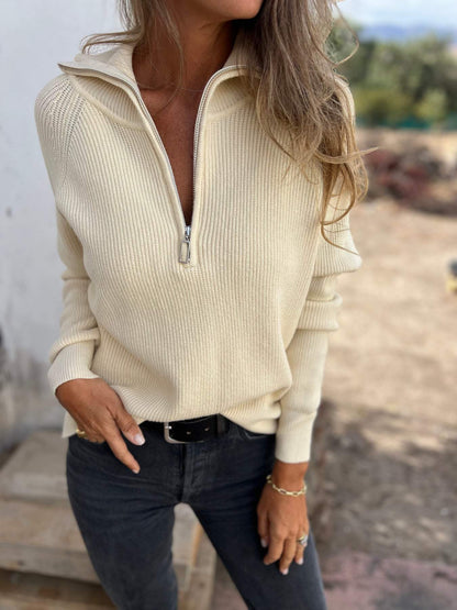 Women's stylish plain sweater with collar and long sleeves