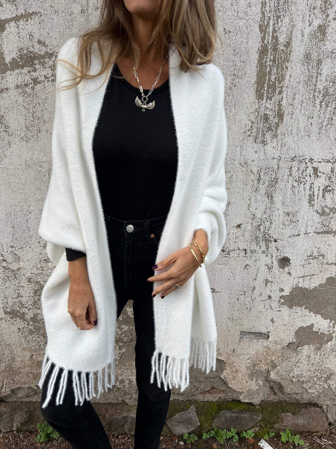 Women's cozy luxe knit fringe shawl cardigan