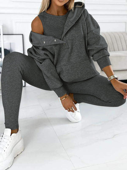Women's athleisure hooded sweatshirt sleeveless top and leggings three-piece set