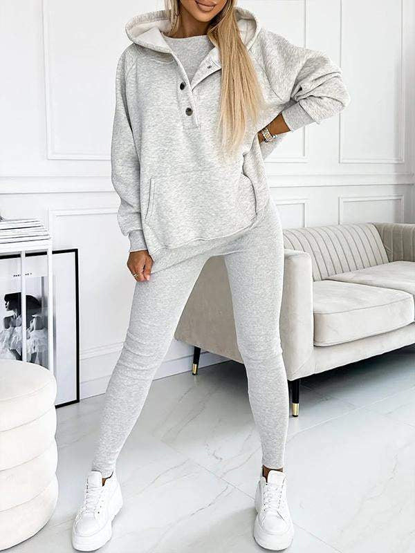 Women's athleisure hooded sweatshirt sleeveless top and leggings three-piece set