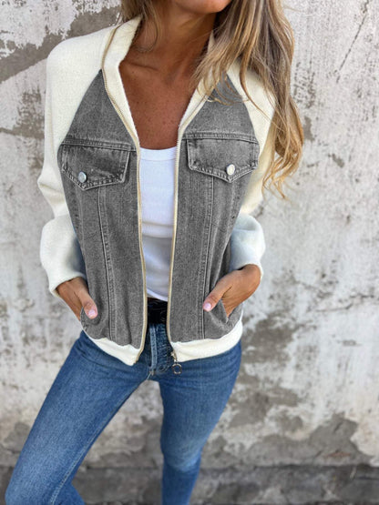 Women’s Denim Jacket – Soft Contrast Sleeves – Zipper Front – Casual Classic Fit