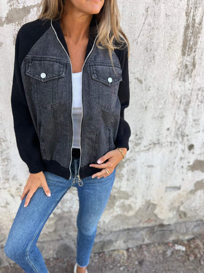 Women’s Denim Jacket – Soft Contrast Sleeves – Zipper Front – Casual Classic Fit