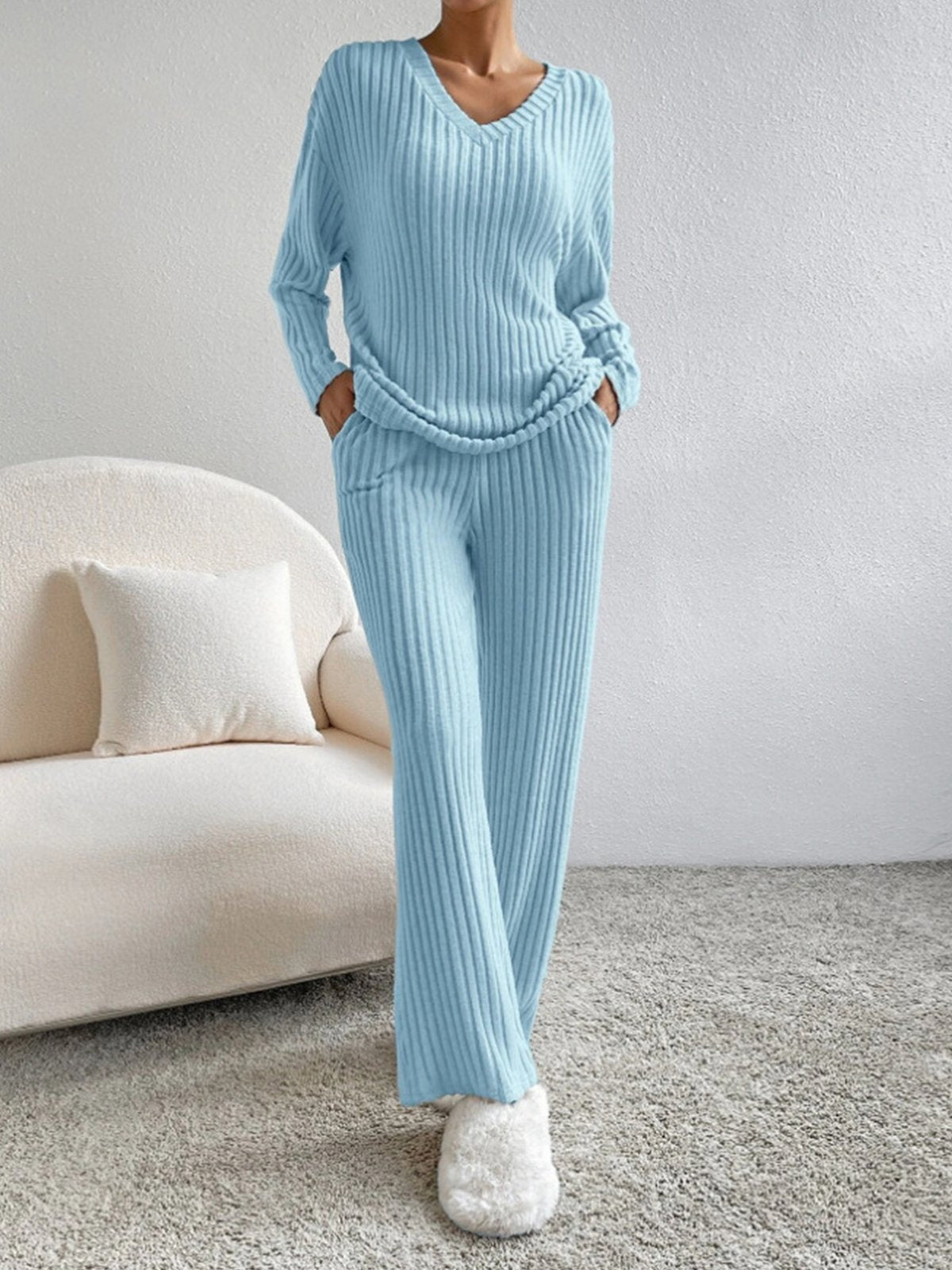 Women's comfortable rib v neck 2 piece set