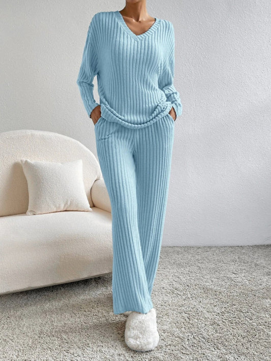 Comfortable Ribbed V-Neck Two-Piece Set