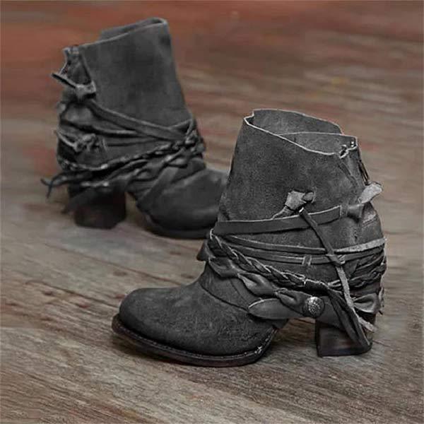 Women's retro cowboy ankle boots with high heel and round toe