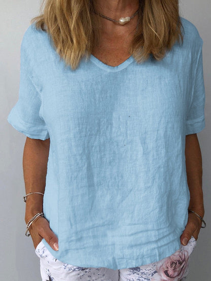 Women’s Casual Top – Relaxed Fit – Breathable Blend – V-Neck Short Sleeve