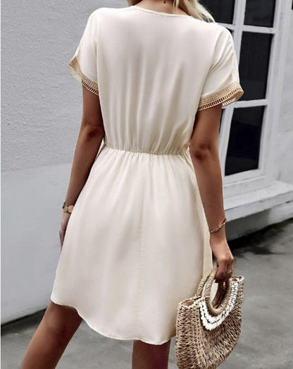Women's Boho Dress - V-Neck Short Sleeve - Lace Trim - Adjustable Waist – Flowy Fit