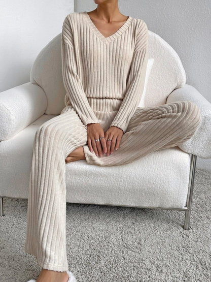 Women's comfortable rib v neck 2 piece set