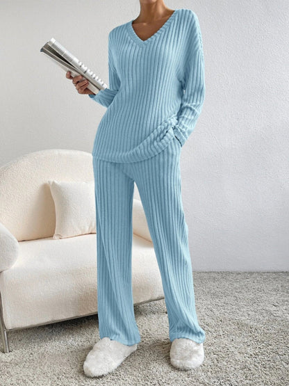 Women's comfortable rib v neck 2 piece set