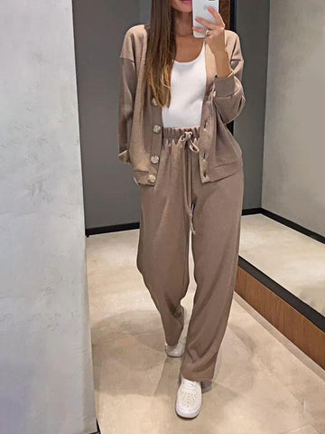 Women's casual button-down cardigan with elastic waist drawstring sweatpants set