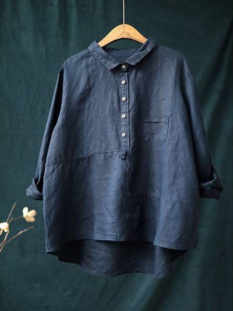 Women's Linen Blouse - Relaxed Fit - Long Sleeve Button-Up with Collar