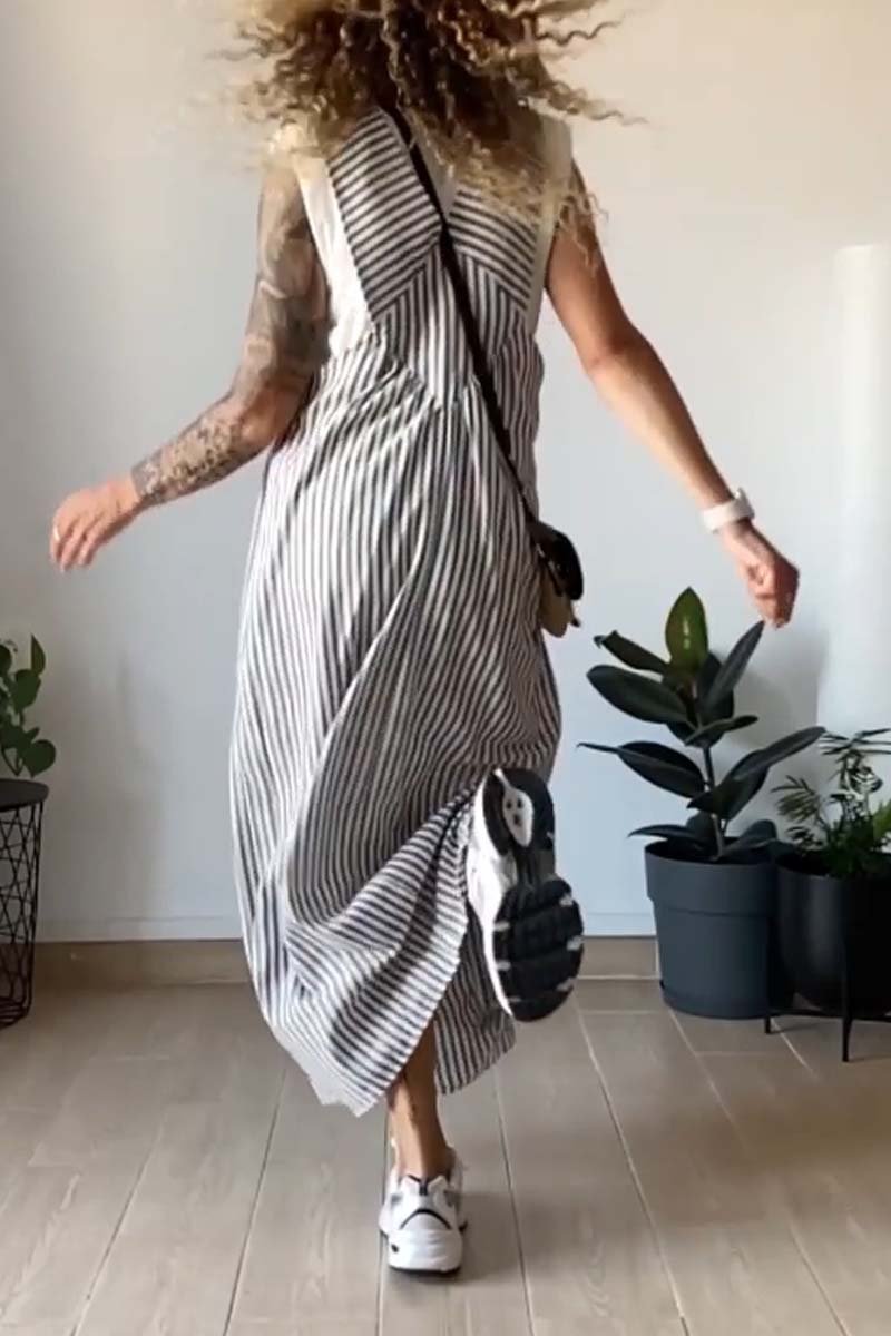 Women's Pinafore Dress - Maxi Length - Vertical Striped - Relaxed Fit Casual Wear