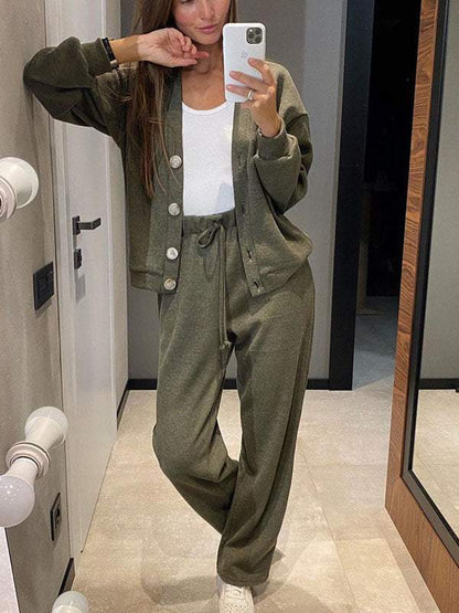 Women's casual button-down cardigan with elastic waist drawstring sweatpants set