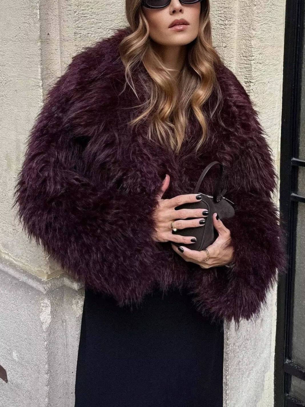 Elegant faux fur cropped coat with plush texture