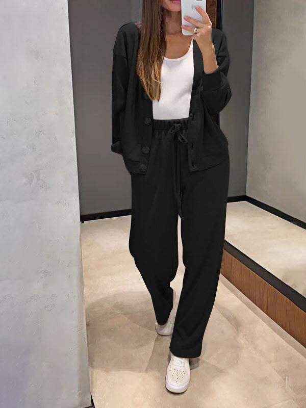 Women's casual button-down cardigan with elastic waist drawstring sweatpants set