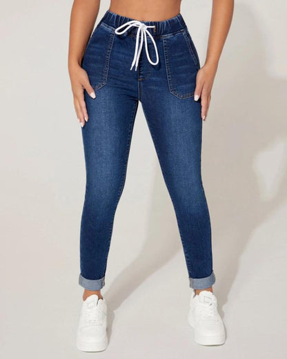 Women's skinny jeans with stretch waist and drawstring