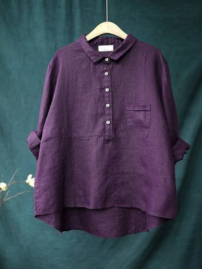 Women's Linen Blouse - Relaxed Fit - Long Sleeve Button-Up with Collar