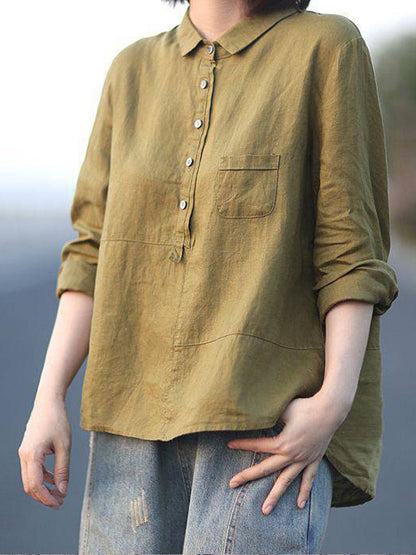 Women's Linen Blouse - Relaxed Fit - Long Sleeve Button-Up with Collar