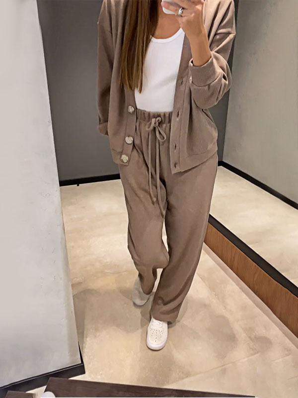 Women's casual button-down cardigan with elastic waist drawstring sweatpants set