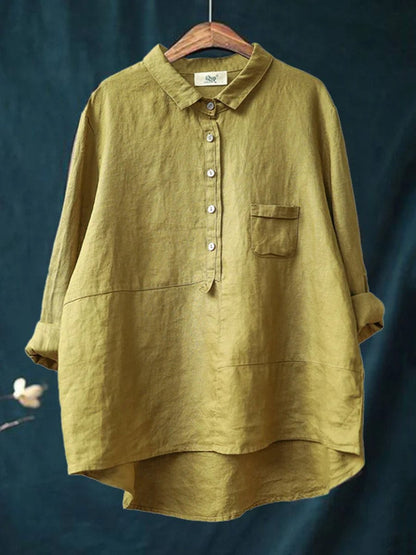 Women's Linen Blouse - Relaxed Fit - Long Sleeve Button-Up with Collar