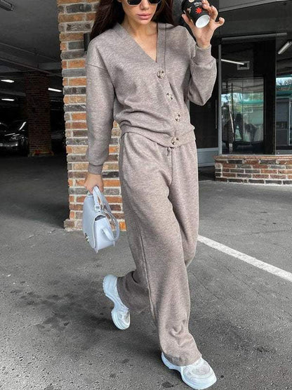 Women's casual button-down cardigan with elastic waist drawstring sweatpants set