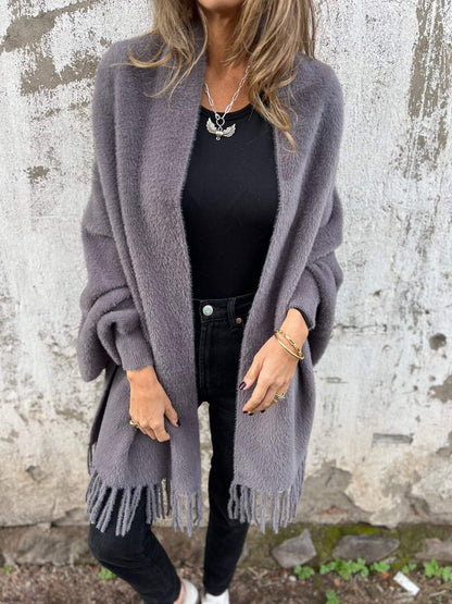 Women's cozy luxe knit fringe shawl cardigan