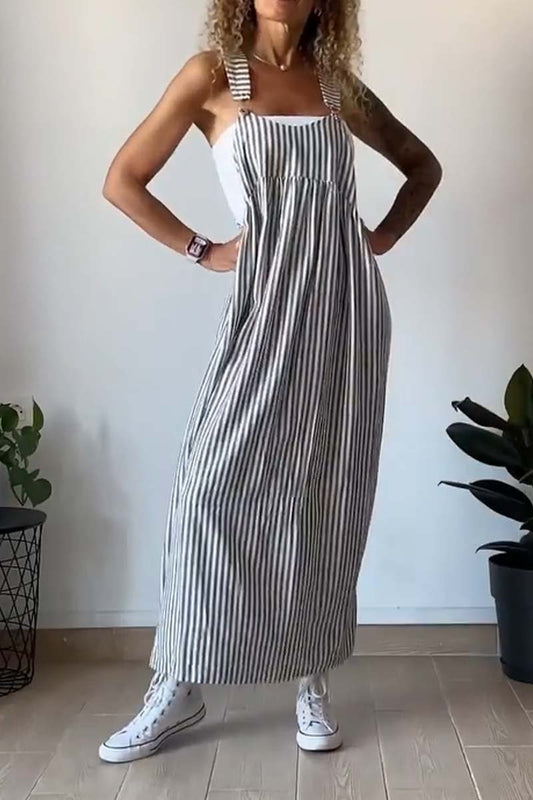 Striped Relaxed Fit Maxi Pinafore Dress