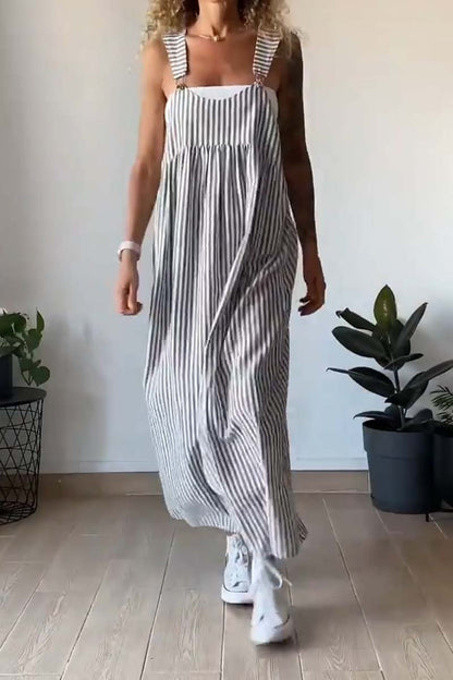 Women's Pinafore Dress - Maxi Length - Vertical Striped - Relaxed Fit Casual Wear