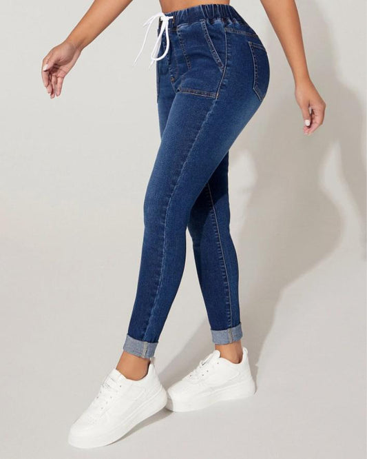 Stretch Waist Skinny Drawstring Jeans