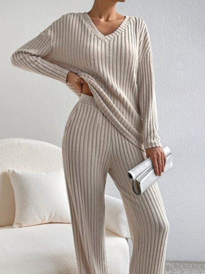 Women's comfortable rib v neck 2 piece set