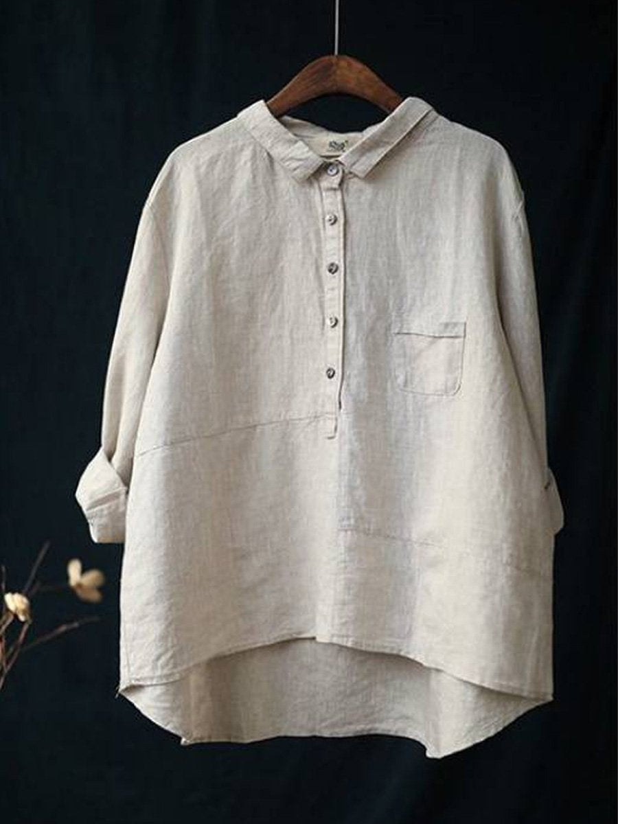Women's Linen Blouse - Relaxed Fit - Long Sleeve Button-Up with Collar