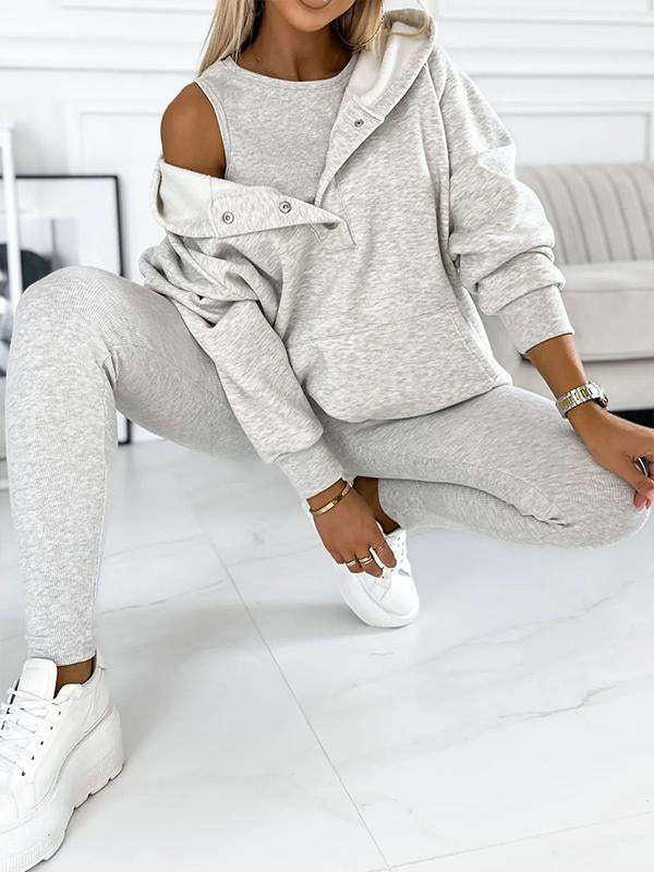 Women's athleisure hooded sweatshirt sleeveless top and leggings three-piece set