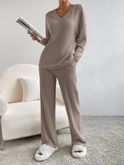 Women's comfortable rib v neck 2 piece set