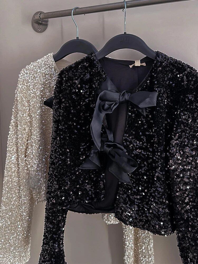 Women's shiny sequin bow tie short long sleeve jacket
