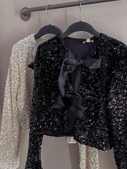 Women's shiny sequin bow tie short long sleeve jacket