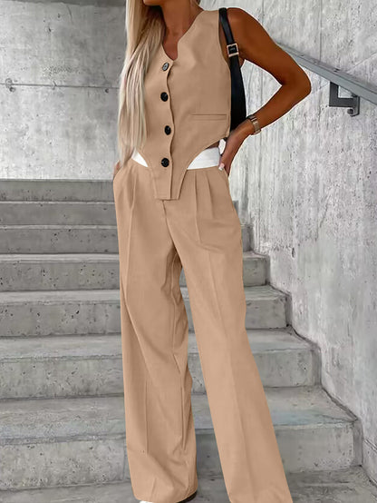 Two-piece wide-leg pants set with sleeveless button-up vest for women