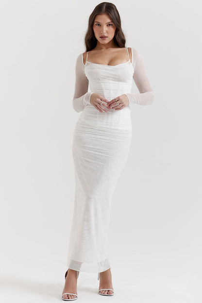 Women’s Maxi Dress – Form-Fitting – Long Sleeve – Lace Neckline – Ruched Waist – Sheer Sleeves