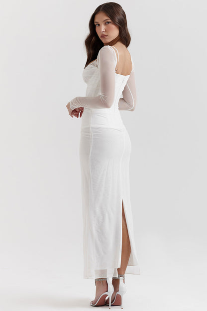 Women’s Maxi Dress – Form-Fitting – Long Sleeve – Lace Neckline – Ruched Waist – Sheer Sleeves