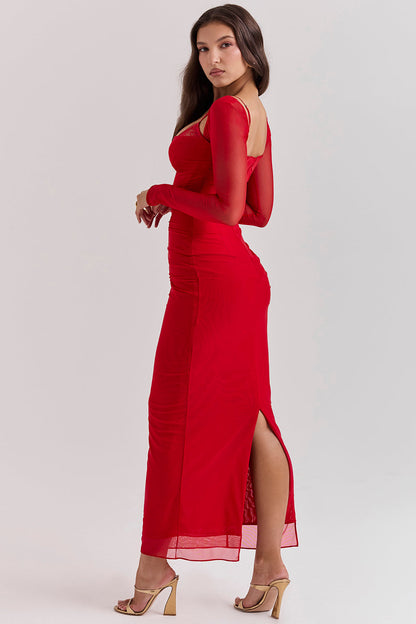 Women’s Maxi Dress – Form-Fitting – Long Sleeve – Lace Neckline – Ruched Waist – Sheer Sleeves